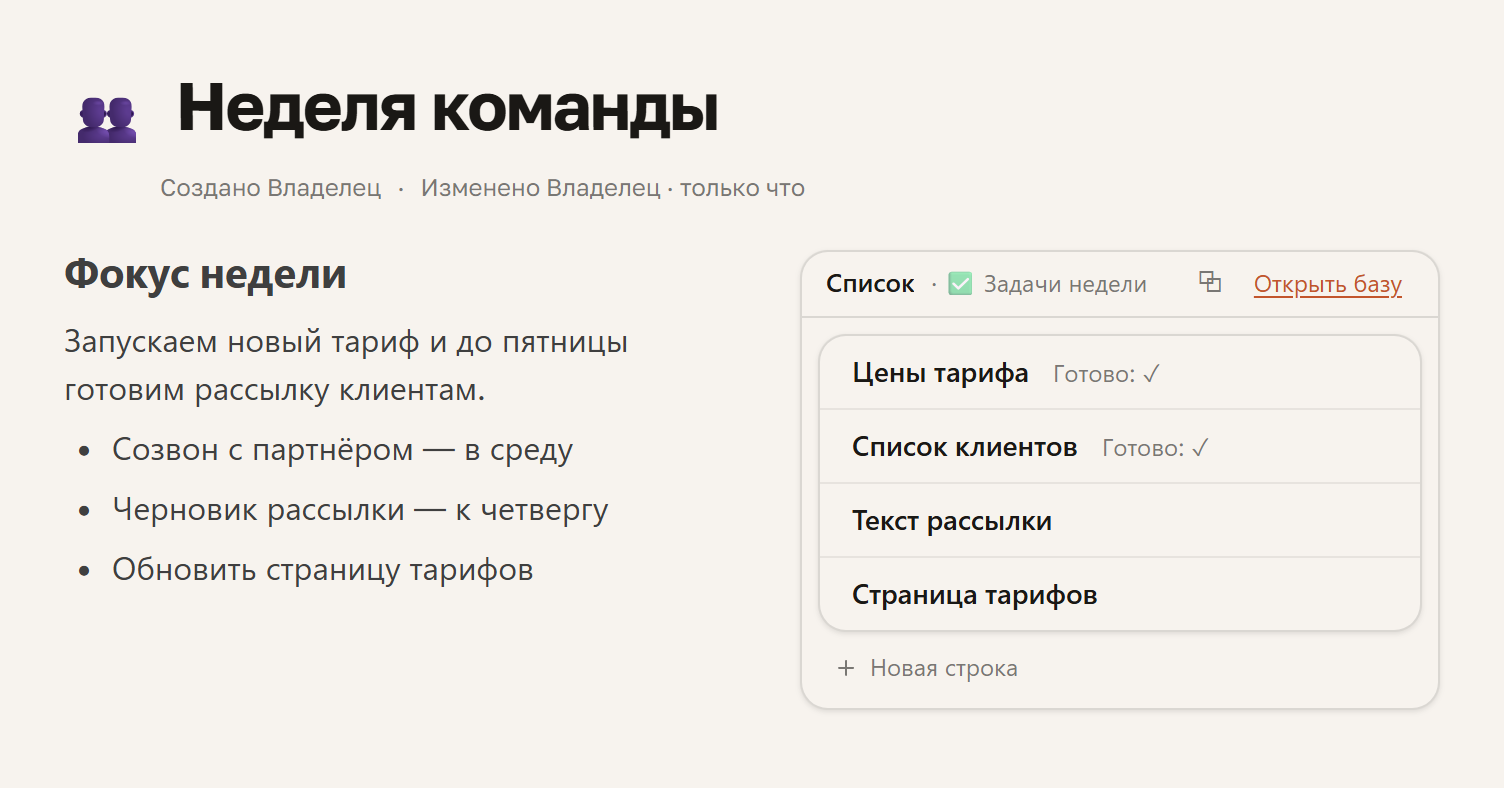 Страница «Неделя команды» в две колонки: слева текст «Фокус недели», справа список «Задачи недели»
