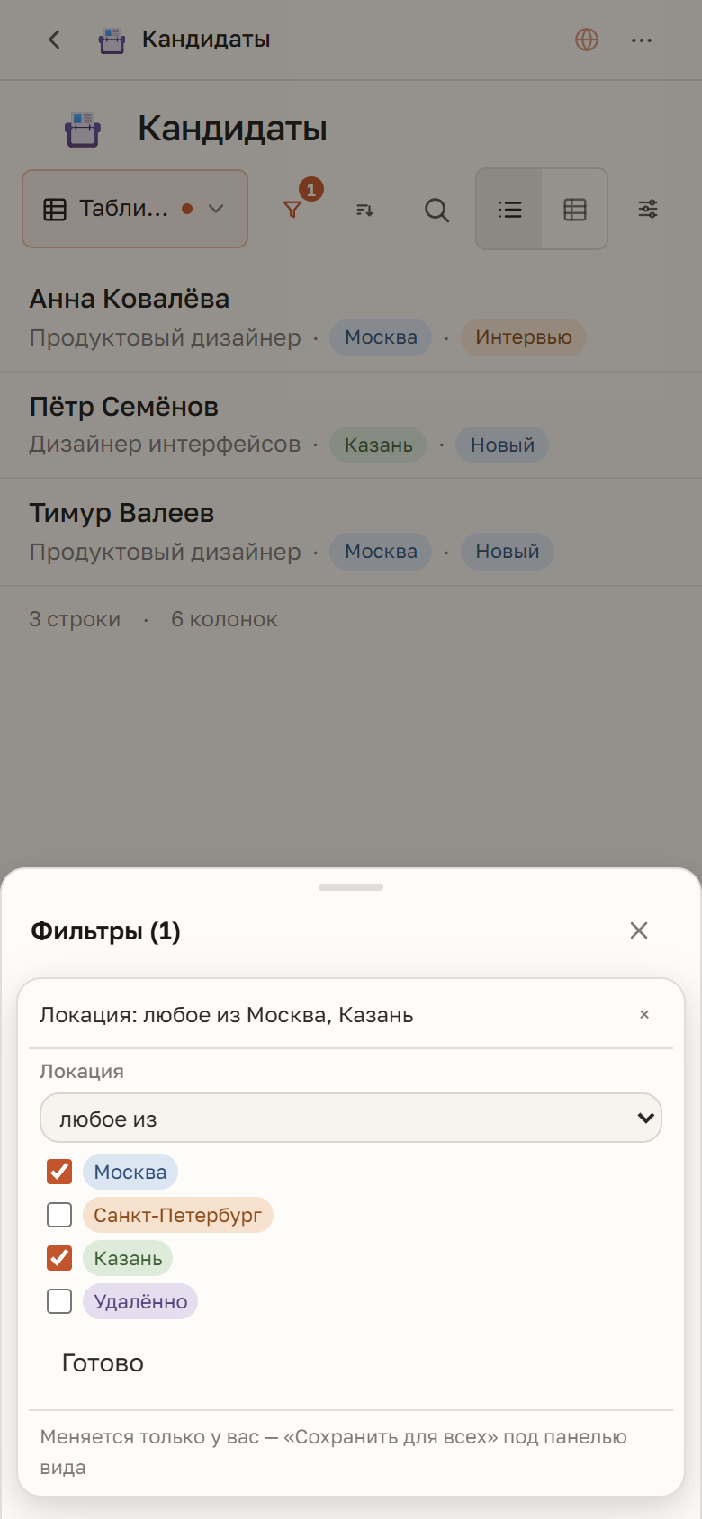 Фильтр «любое из»: в «Локации» отмечены Москва и Казань — в списке только их кандидаты