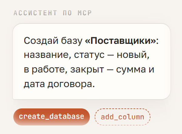 Запрос ассистенту: «Создай базу «Поставщики»: название, статус, сумма и дата договора»